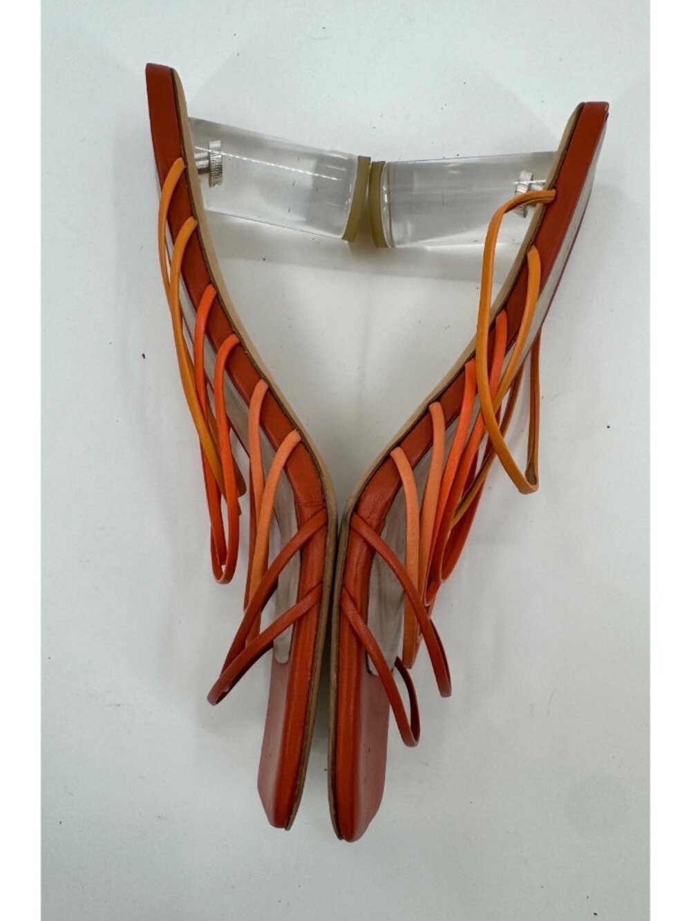 Rejina Pyo Orange Leather Strappy Mule Sandals Clear Lucite Block Heels Size 8 / - Picture 10 of 16